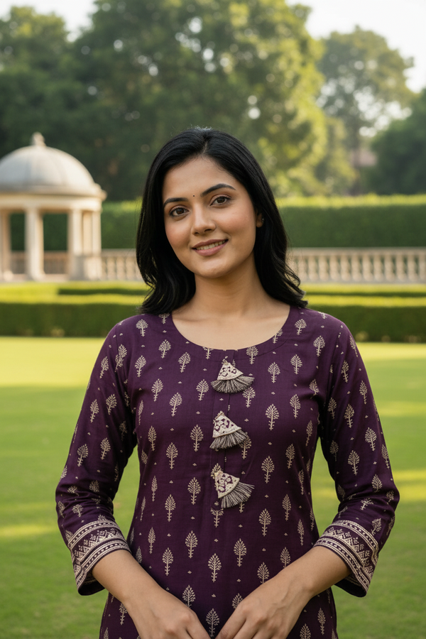 Wine Cotton Kurti Set - Block Print Tassle Detail