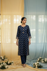Blue Cotton Kurti Set, Casual Wear - office wear | Kunvarani
