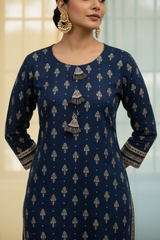 Indigo Blue Block Print Cotton Kurti Set - Tassle Detail