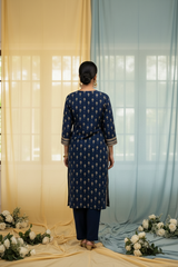 Indigo Blue Block Print Cotton Kurti Set - Tassle Detail