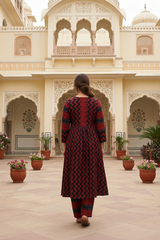 Red Black Cotton A-Line Kurti Set - Mirror Work