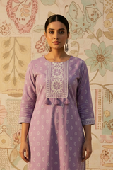 Lavender Cotton Kurti Set - Embroidery Tassle Detail