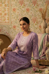 Lavender Cotton Kurti Set - Embroidery Tassle Detail