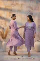 Lavender Cotton Kurti Set - Embroidery Tassle Detail