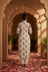 Cream Mull Cotton Kurti Set - Block Print Collar Neck