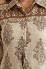 Cream Mull Cotton Kurti Set - Block Print Collar Neck