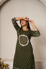 Green Bandhini Print kurti Set - Cotton | Kunvarani