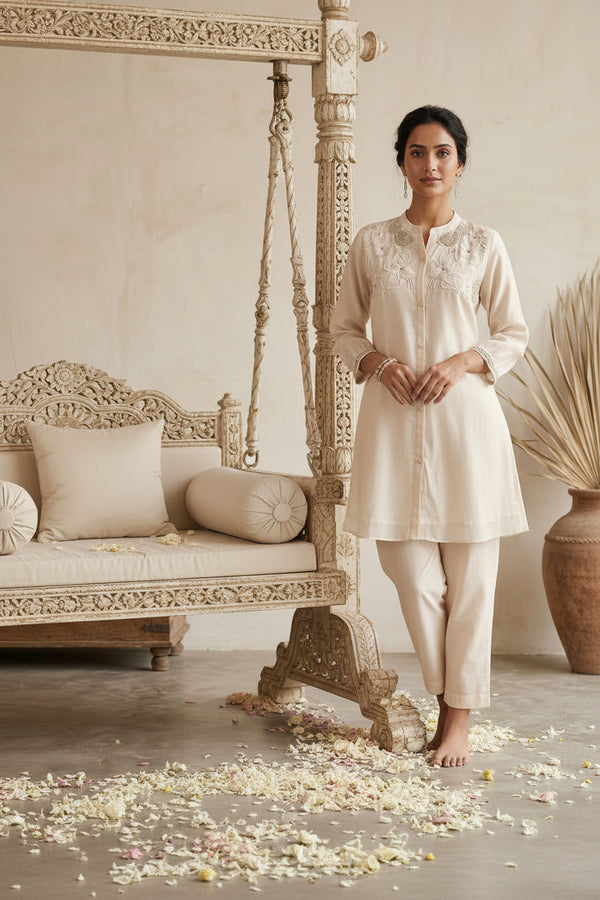 Off White Chanderi Silk Coord Set - Embroidery Work