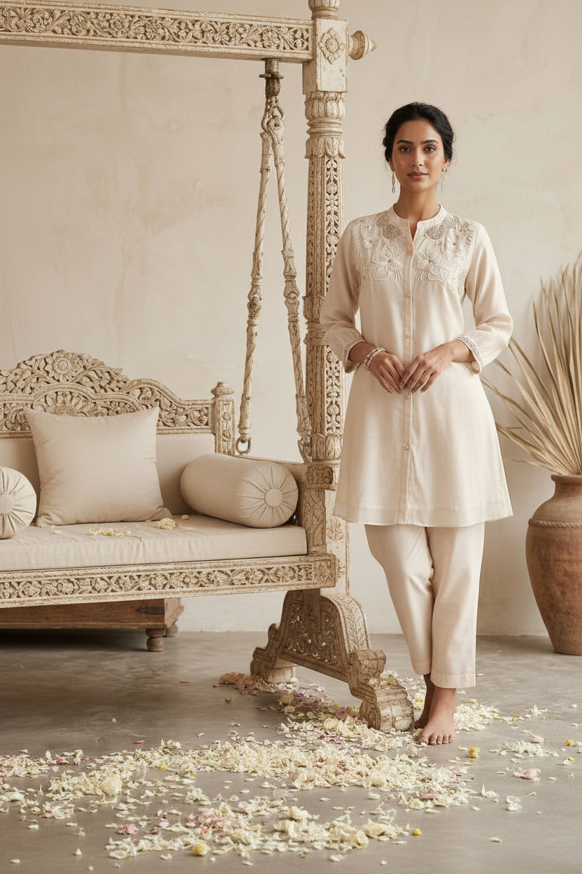 Off White Chanderi Silk Coord Set - Embroidery Work