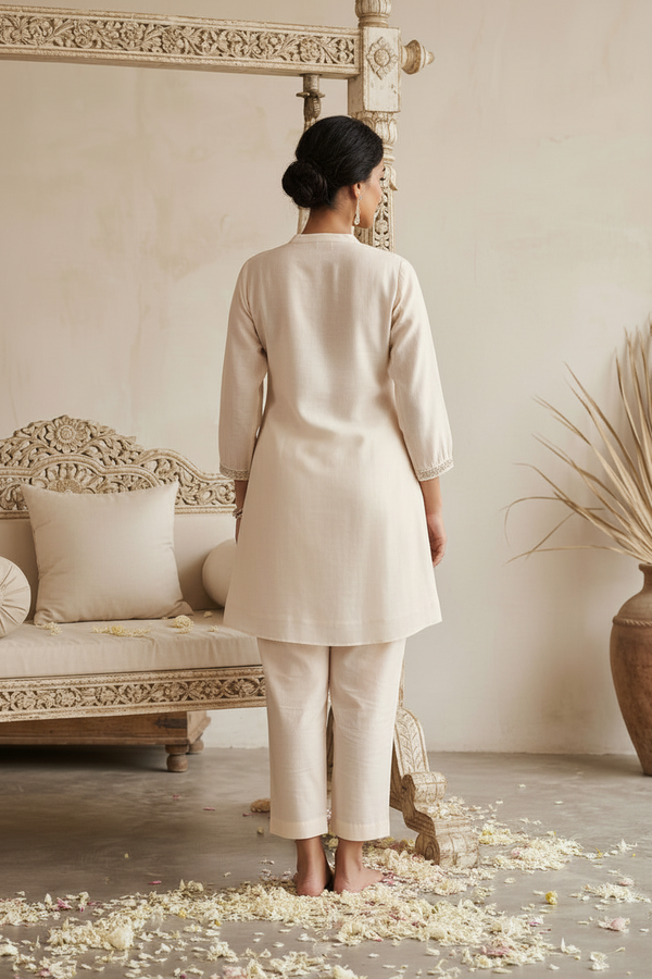 Off White Chanderi Silk Coord Set - Embroidery Work