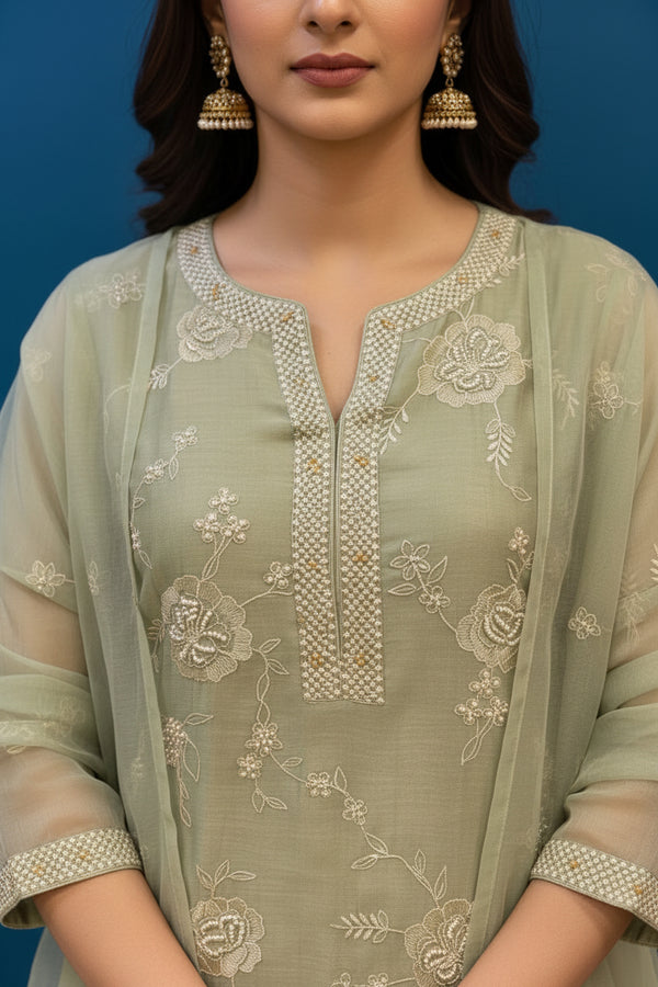 Green Pearl work and Embroidery Kurti Set - party wear | Kunvarani