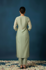Green Cotton Kurti Set with Dupatta - Pearl Work Party Wear