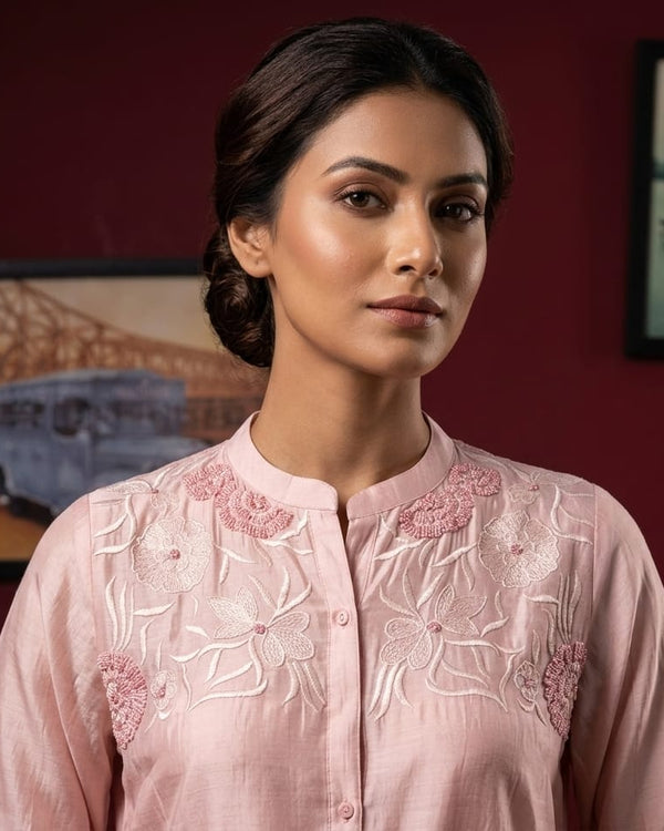 Chanderi fabric detail - Pink Party wear Coord Set Chanderi Slik | Kunvarani