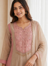 Front view of Beige Chanderi Silk Beadwork Kurti Set with Dupatta from Kunvarani
