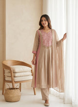 Fabric and detail close up of Beige Chanderi Silk Beadwork Kurti Set with Dupatta from Kunvarani