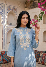 Front view of Powder Blue Embroidery High Neck Co Ord Set from Kunvarani