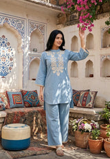Fabric and detail close up of Powder Blue Embroidery High Neck Co Ord Set from Kunvarani