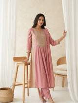 Front view of Blush Pink Chanderi Silk Beadwork Kurti Set with Dupatta from Kunvarani