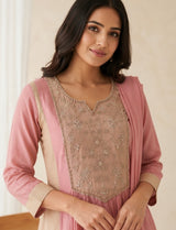 Woman wearing Blush Pink Chanderi Silk Beadwork Kurti Set with Dupatta | Kunvarani