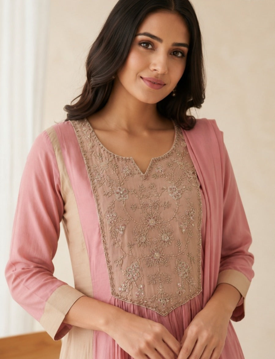 Woman wearing Blush Pink Chanderi Silk Beadwork Kurti Set with Dupatta | Kunvarani