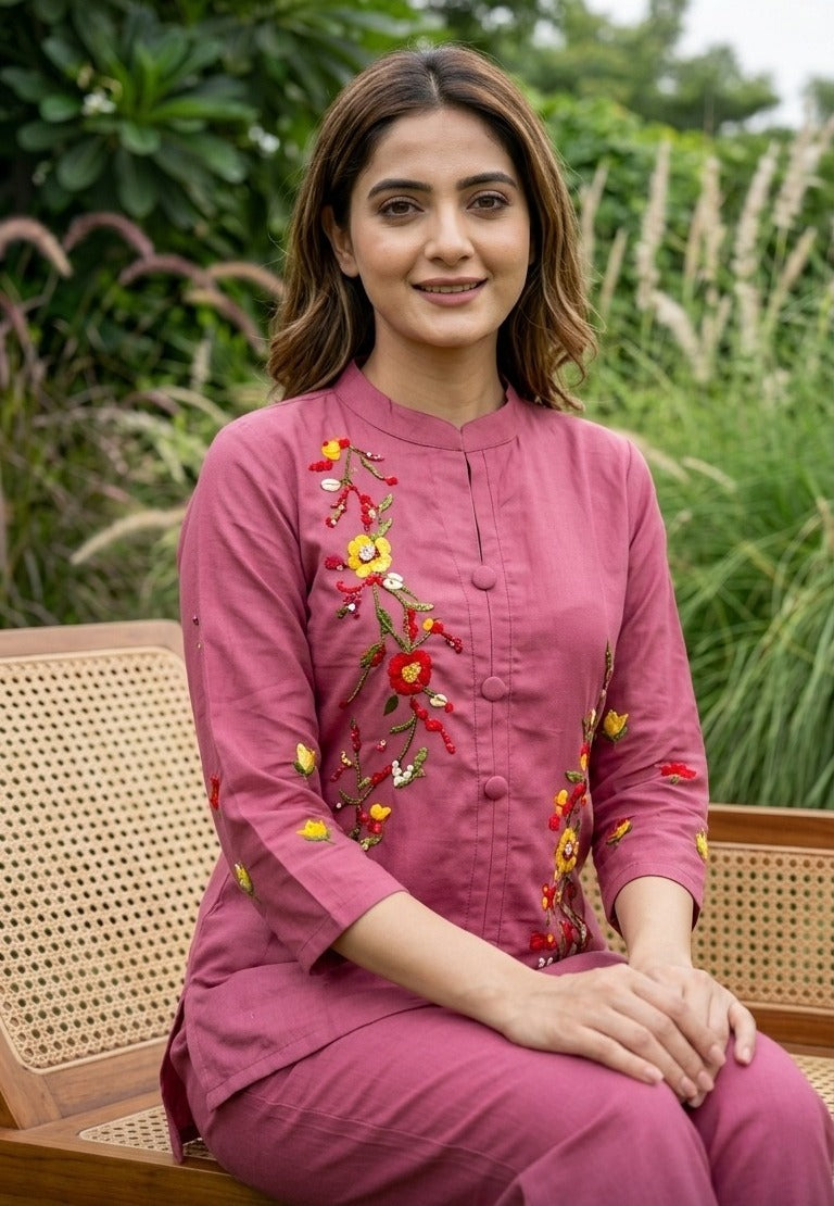 Woman wearing Pink Cotton Blend Thread Work High Neck Co Ord Set | Kunvarani