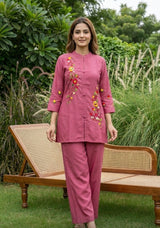 Front view of Pink Cotton Blend Thread Work High Neck Co Ord Set from Kunvarani