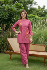 Fabric and detail close up of Pink Cotton Blend Thread Work High Neck Co Ord Set from Kunvarani
