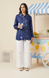 Woman wearing Royal Blue Crepe Bandhani Print Shirt | Kunvarani