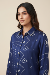 Fabric and detail close up of Royal Blue Crepe Bandhani Print Shirt from Kunvarani