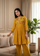 Back view of Mustard Chanderi Cotton Thread Work Mandarin Collar Co Ord Set from Kunvarani