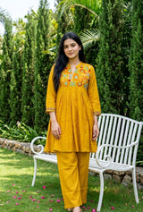 Front view of Mustard Chanderi Cotton Thread Work Mandarin Collar Co Ord Set from Kunvarani