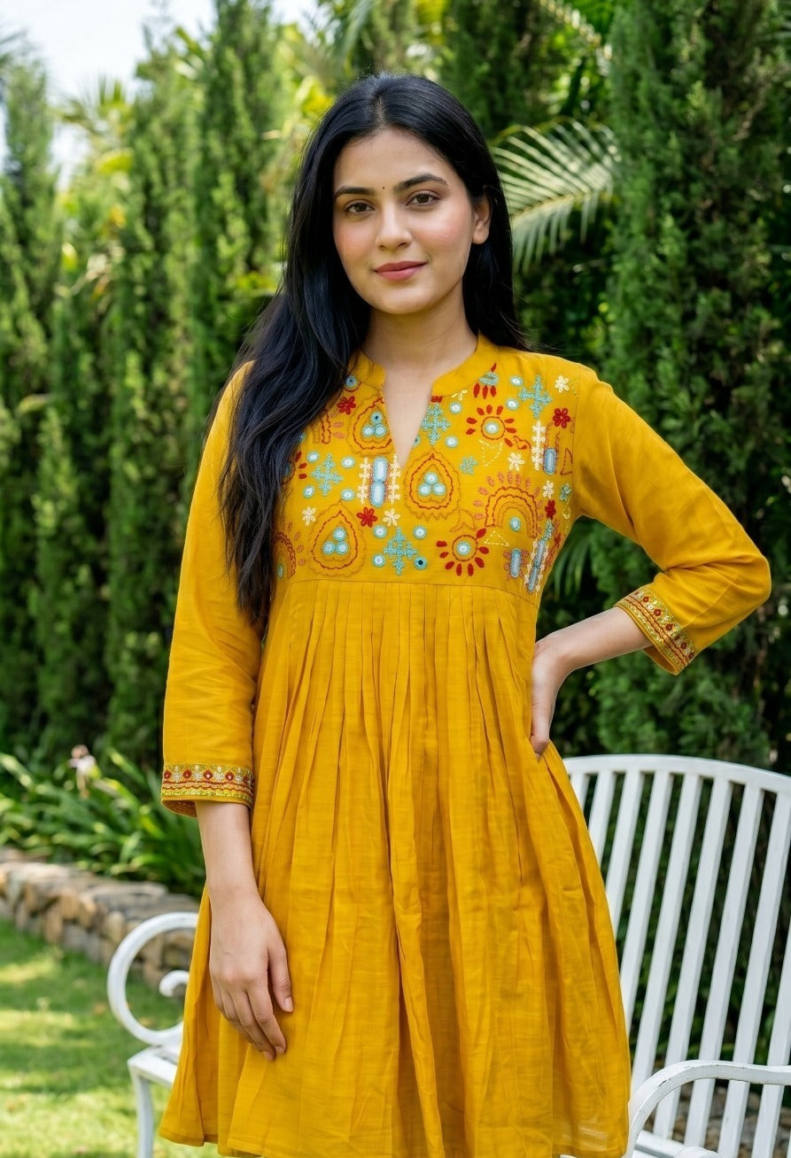 Woman wearing Mustard Chanderi Cotton Thread Work Mandarin Collar Co Ord Set | Kunvarani