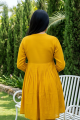Mustard Chanderi Cotton Thread Work Mandarin Collar Co Ord Set