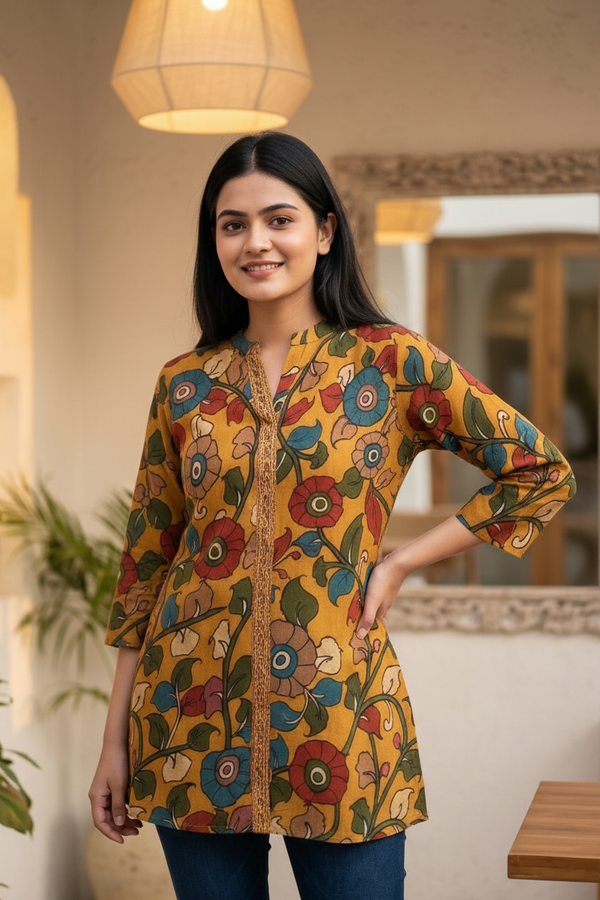 Mustard Muslin Kalamkari Print Mandarin Collar Kurta