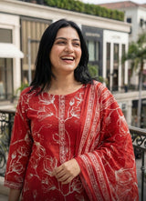 Pink Abstract Print Cotton Kurta Set with Dupatta