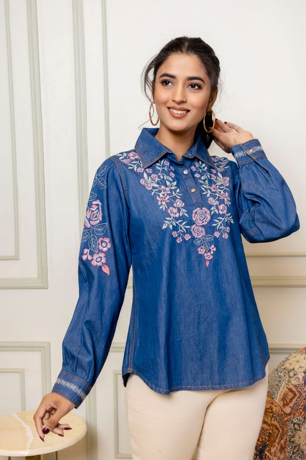 Blue Embroidered Floral Shirt Kurta