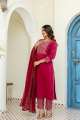 Wine Geometric Embroidered Kurta Set with Dupatta