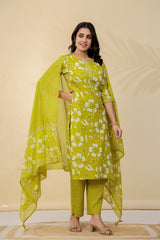 Lime Green Floral Cotton Kurta Set with Dupatta