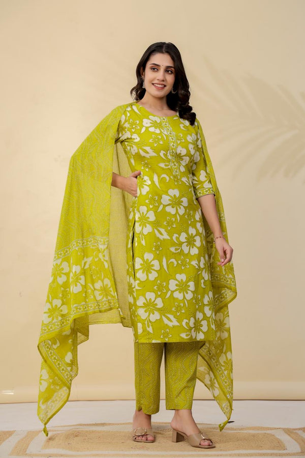 Lime Green Floral Cotton Kurta Set with Dupatta