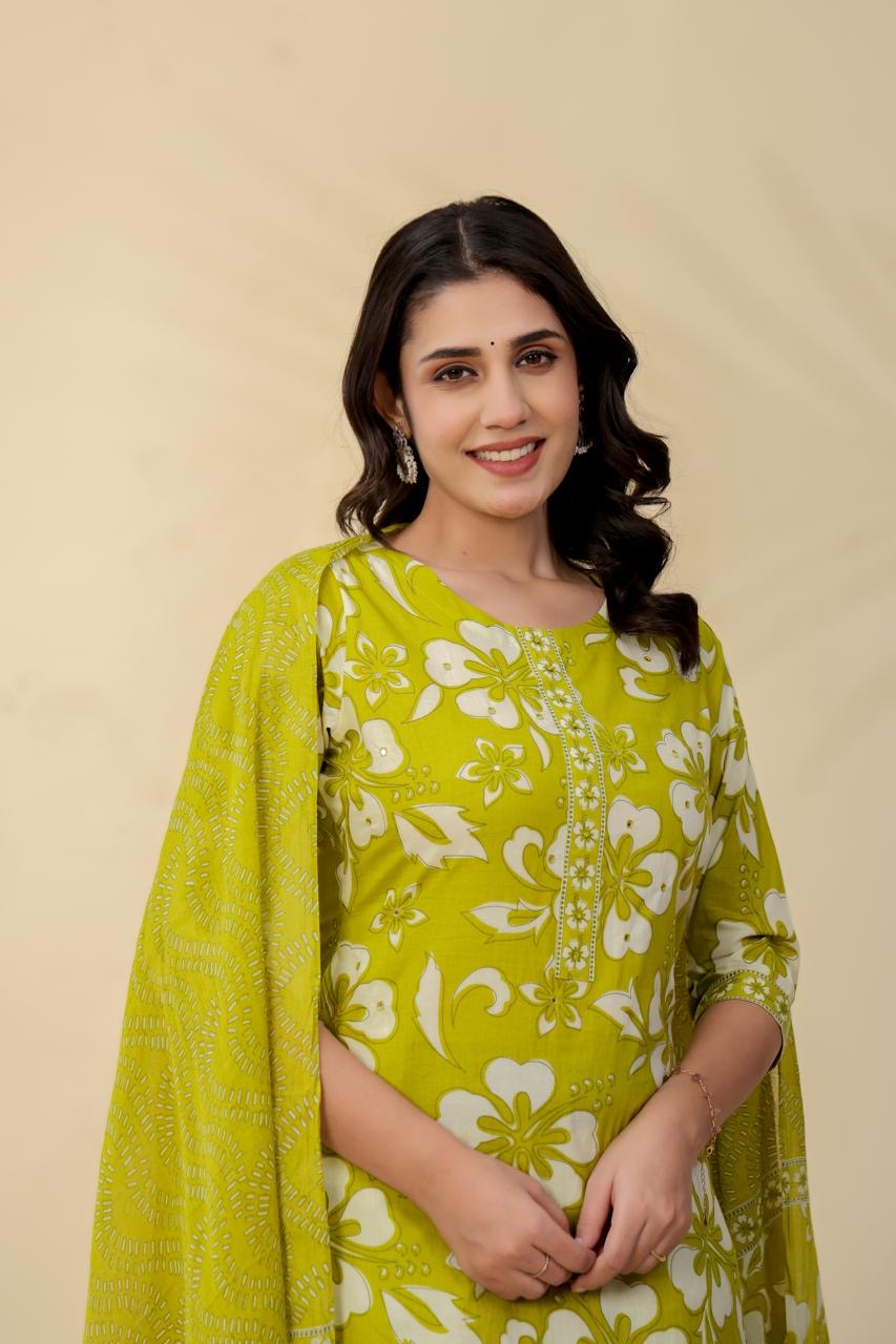Lime Green Floral Cotton Kurta Set with Dupatta