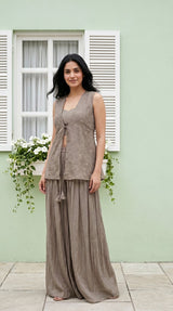 Tissue fabric detail - Sleeve less Grand Party wear Dress | Kunvarani
