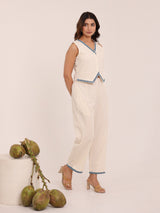 Off-White Cotton Vest Coord Set with Blue Trim