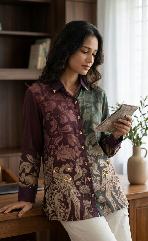 A woman wearing a long-sleeve button-up shirt with a split design, featuring a deep purple floral pattern on one side and a sage green paisley pattern on the other, paired with white pants in a warm indoor setting.