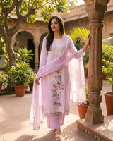 Front view of Blush Pink Organza Embroidery Kurti Set with Dupatta from Kunvarani