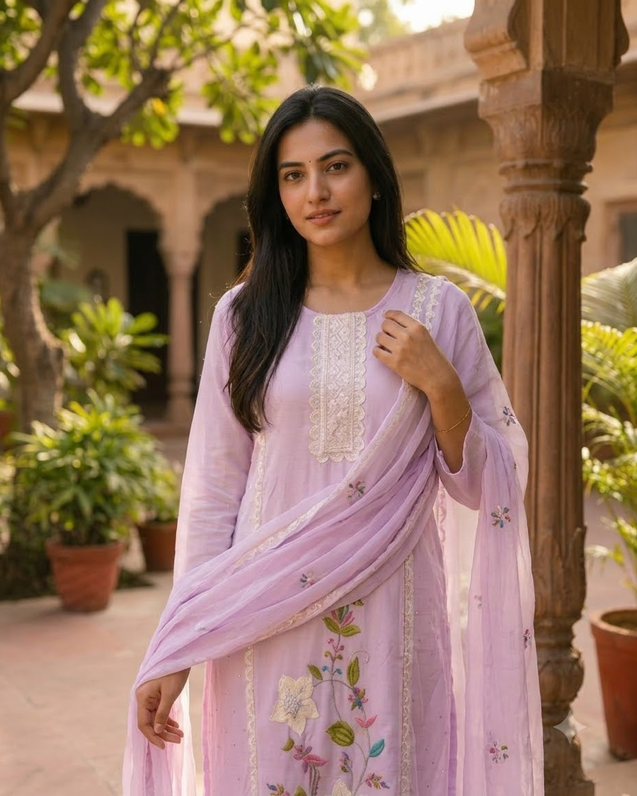 Woman wearing Blush Pink Organza Embroidery Kurti Set with Dupatta | Kunvarani