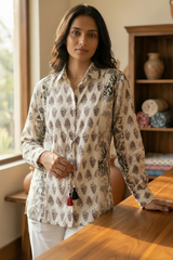 Woman wearing Off-White Mull Cotton Ajrakh Print Shirt | Kunvarani
