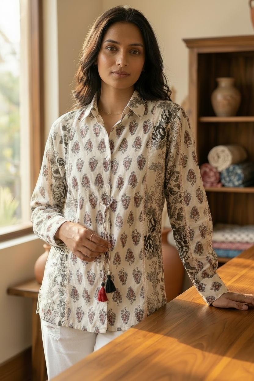 Woman wearing Off-White Mull Cotton Ajrakh Print Shirt | Kunvarani