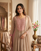 Woman wearing Beige Chanderi Silk Beadwork Kurti Set with Dupatta | Kunvarani