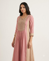 Fabric and detail close up of Blush Pink Chanderi Silk Beadwork Kurti Set with Dupatta from Kunvarani