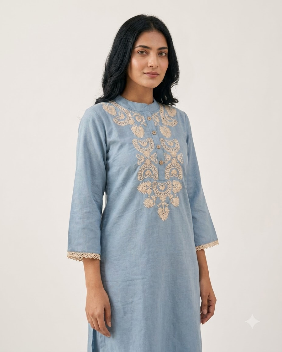 Woman wearing Powder Blue Embroidery High Neck Co Ord Set | Kunvarani